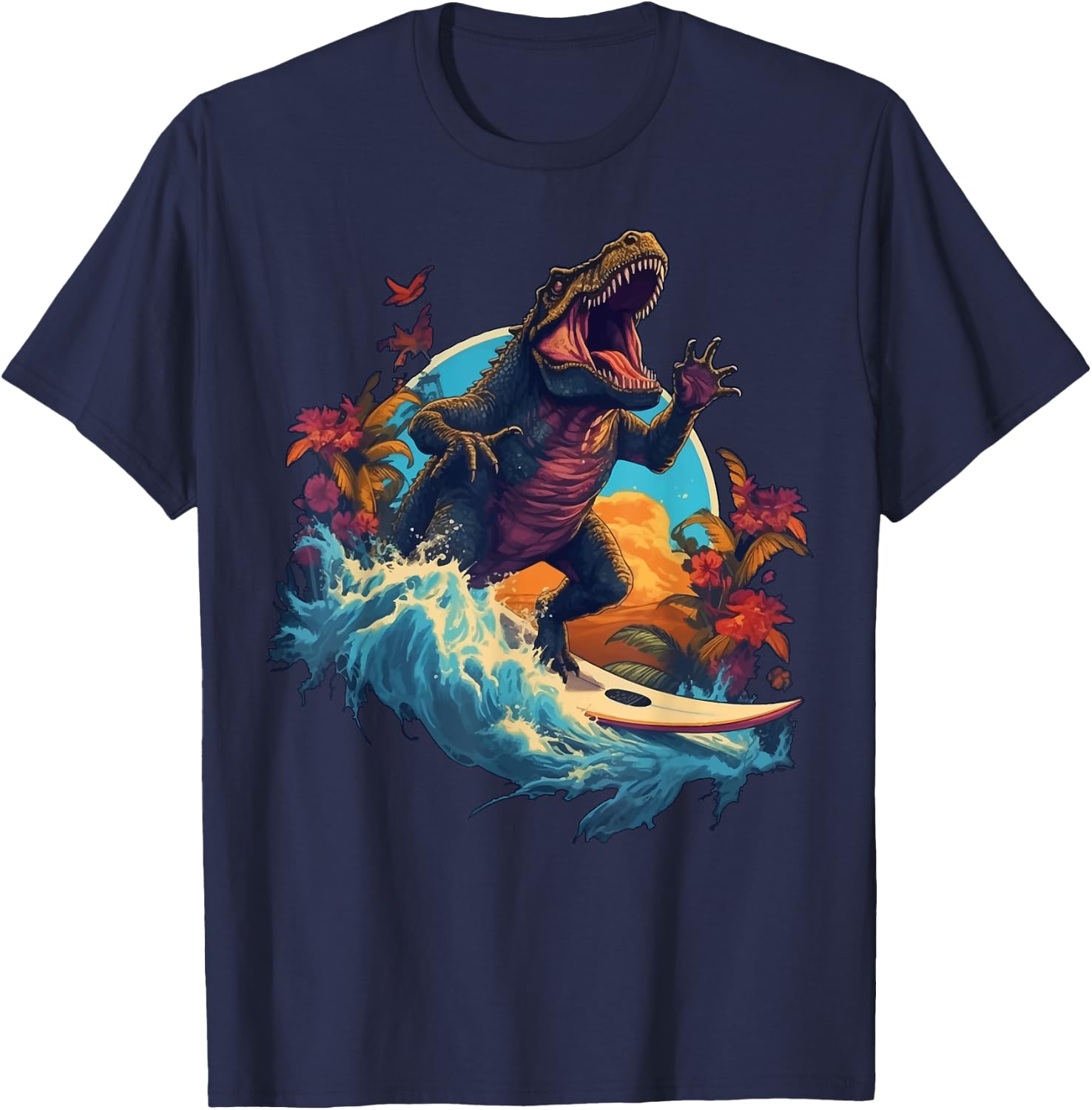 Dinosaur Surfboard Beach Surf Surfer Dinosaur T Rex Surfing T-Shirt - T-Shirt | Navy
