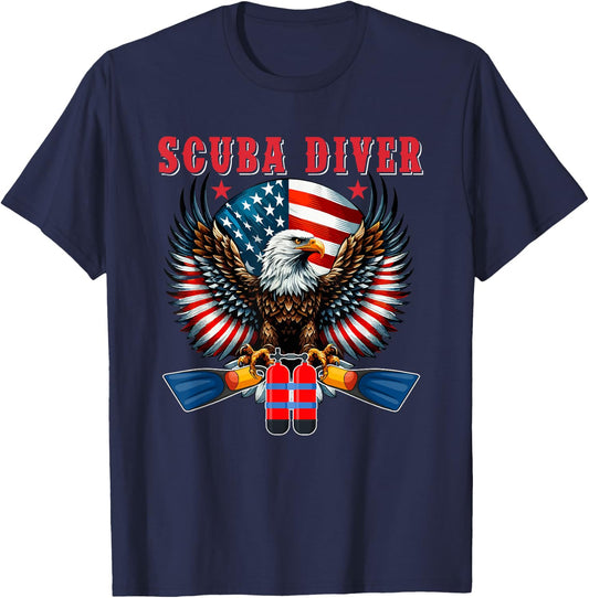 Scuba Diver Job Costume Eagle Proud Flag 4th Of July Lover T-Shirt - T-Shirt | Navy
