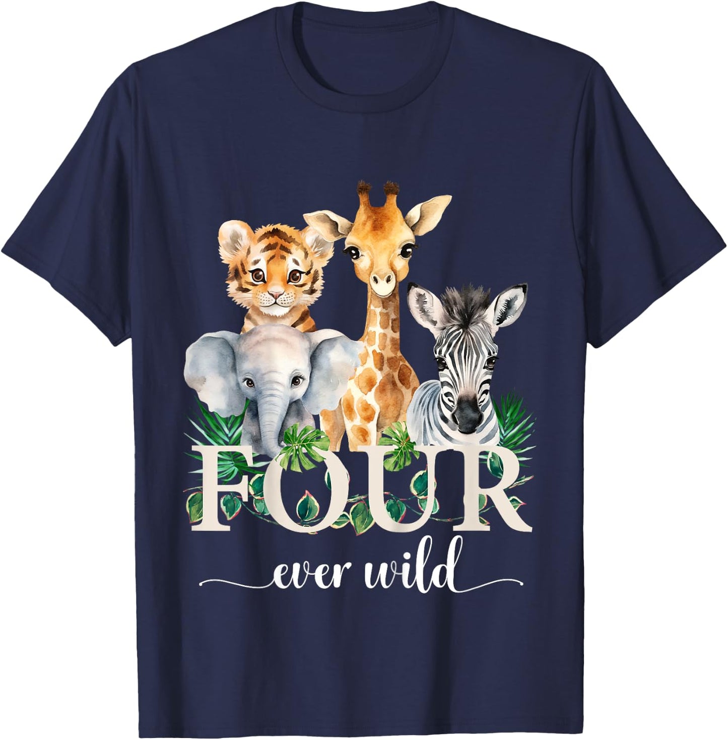 Kids Jungle Birthday Four Ever Wild Zoo Safari Party 4th Animals T-Shirt - T-Shirt | Navy