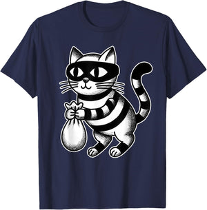 Cat Burglar Kitten Kitty Moneybag Blackwork T-Shirt - T-Shirt | Navy