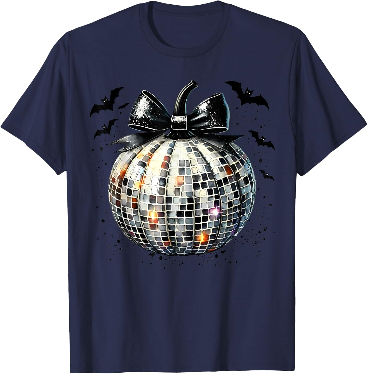 Retro Disco Ball Coquette Pumpkin Halloween Thanksgiving T-Shirt - T-Shirt | Navy