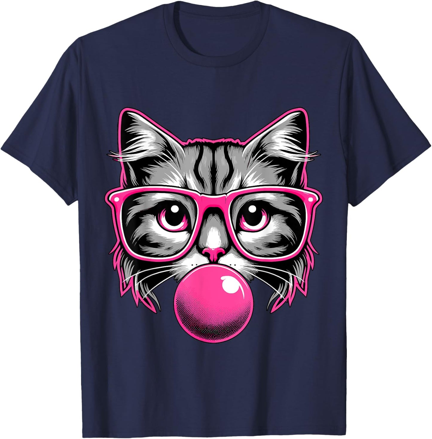 Cat with Glasses and Bubblegum Women Girls Kids T-Shirt - T-Shirt | Navy