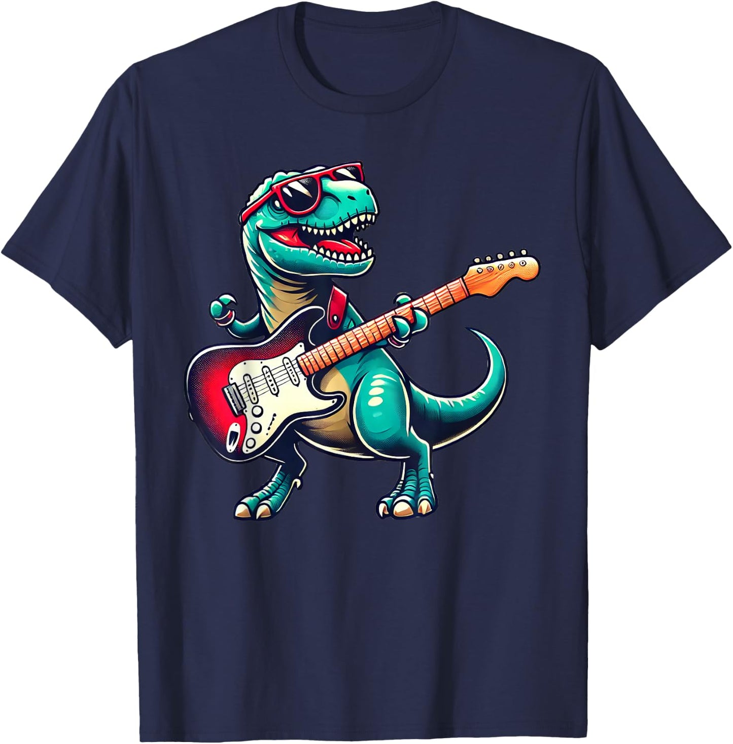 T-Rex Dinosaur Playing Guitar Musician Music T-Shirt - T-Shirt | Navy