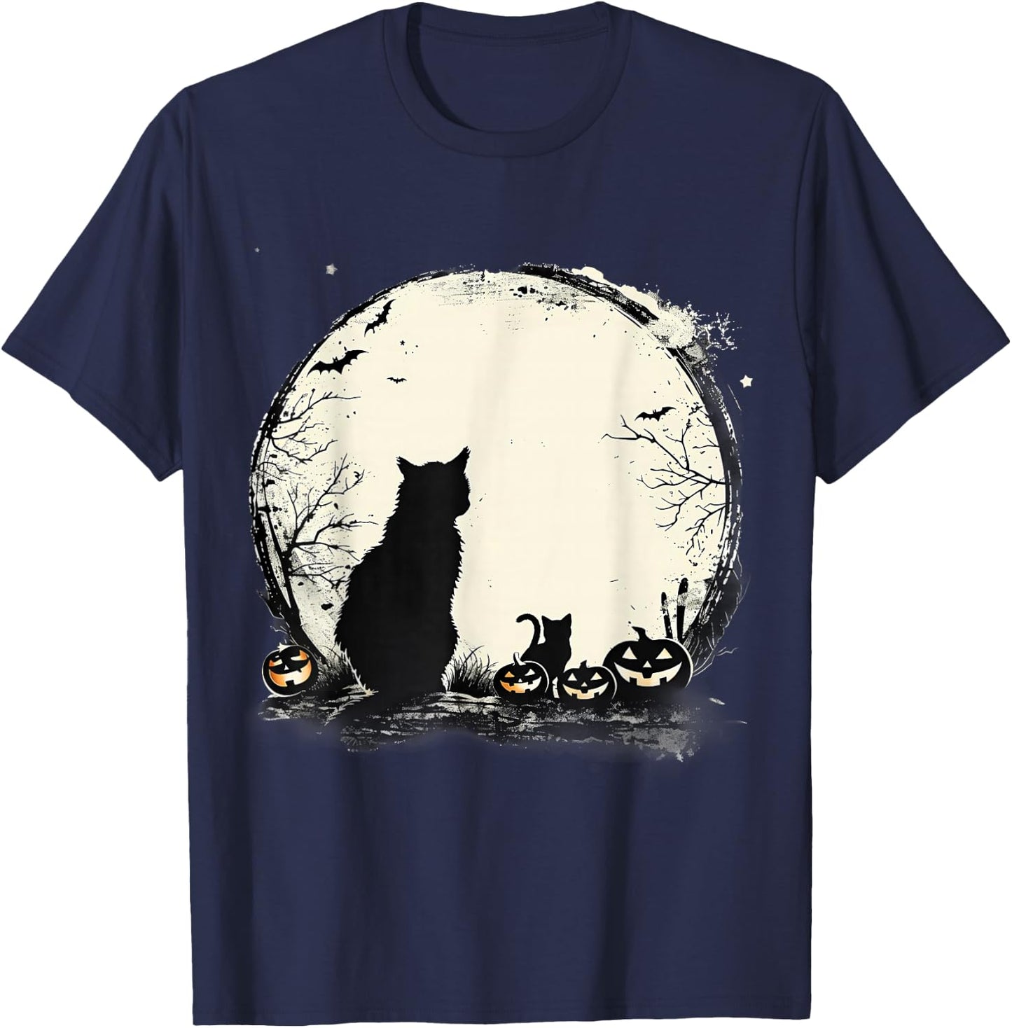 Black Cat Halloween Spooky Moon Artwork Pumpkin Bats T-Shirt - T-Shirt | Navy