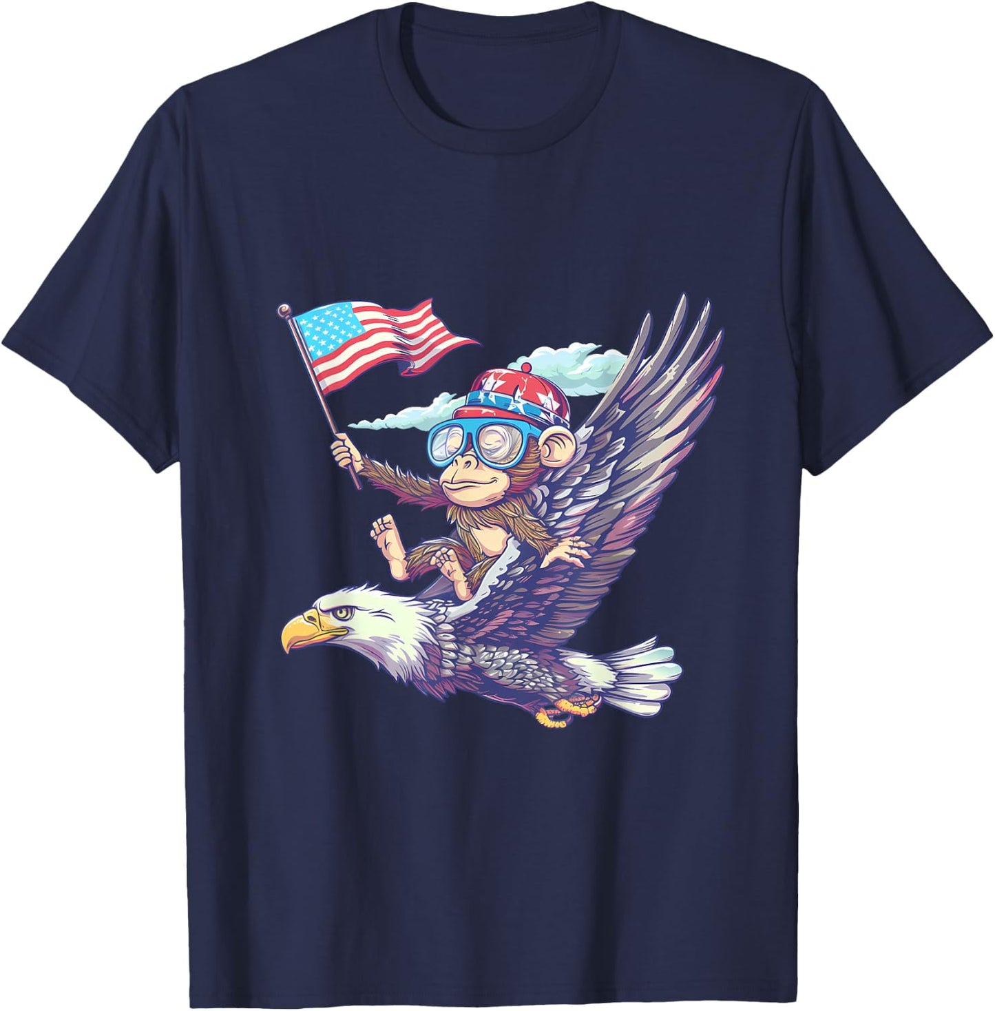 Funny Monkey Bald Eagle American Flag USA Fourth Of July T-Shirt - T-Shirt | Navy