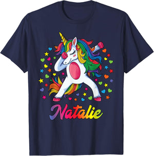 Natalie Dabbing Unicorn Rainbow Personalized Name Custom T-Shirt - T-Shirt | Navy