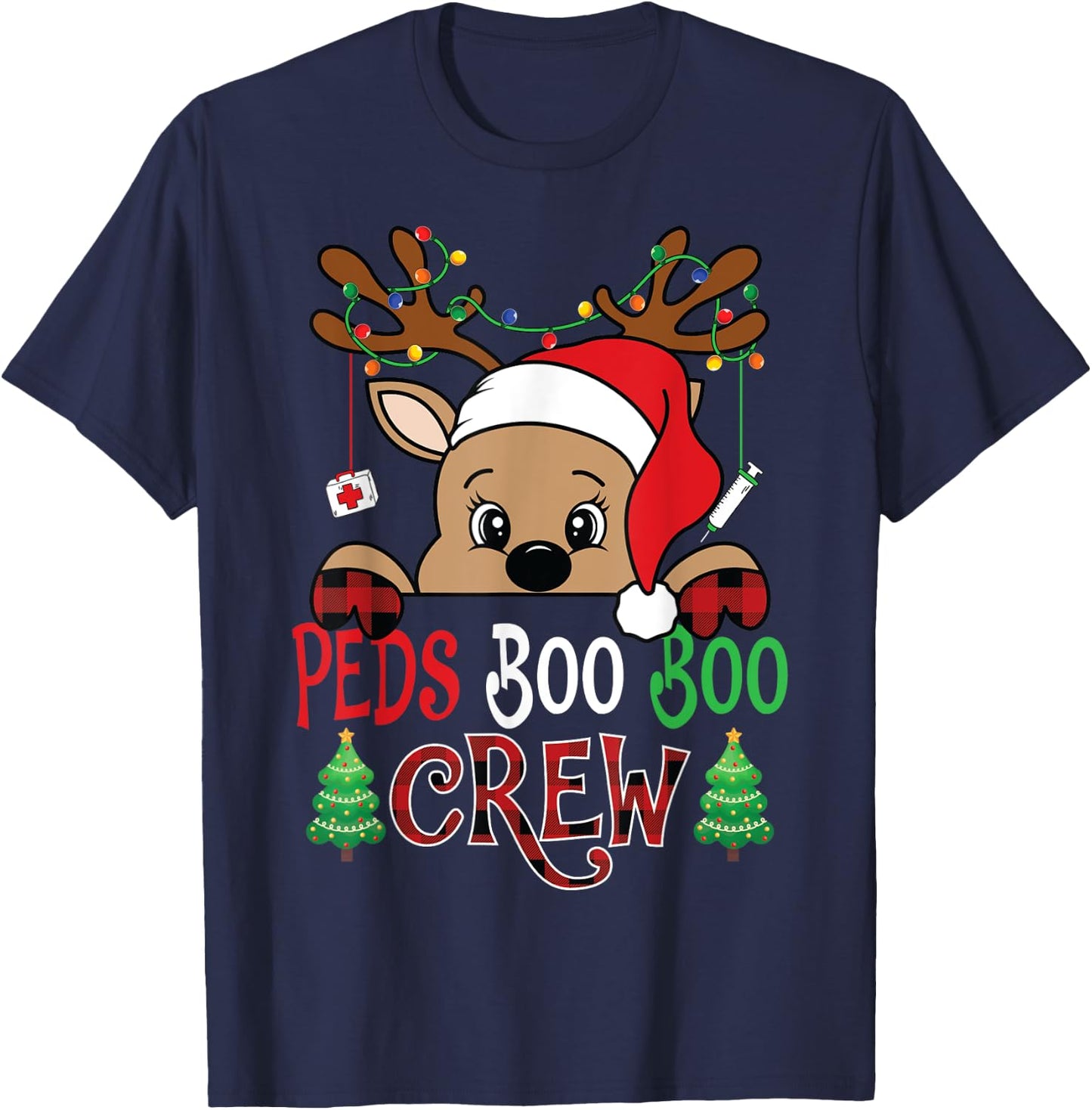 Reindeer PEDS Boo Boo Crew Pediatric Nurse Christmas T-Shirt - T-Shirt | Navy