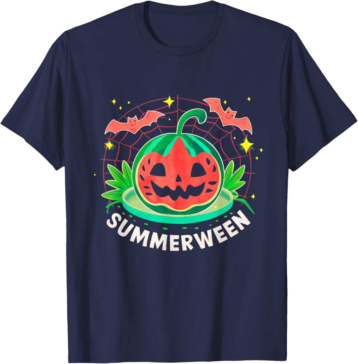 Summerween Summer Halloween Watermelon Pumpkin Vacation T-Shirt - T-Shirt | Navy