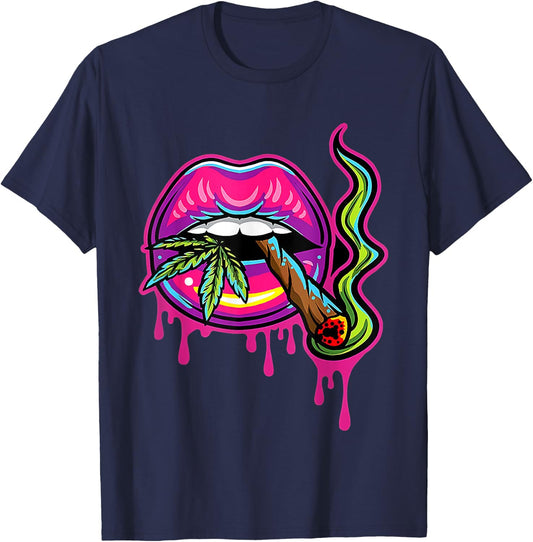 Lips Sexy Smoker Blunt Weed Teeth Marijuana Leaf 420 T-Shirt - T-Shirt | Navy
