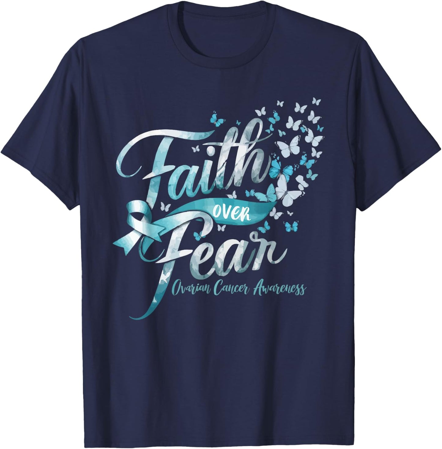 Ovarian Cancer Awareness Ovary Disease Teal Ribbon T-Shirt - T-Shirt | Navy