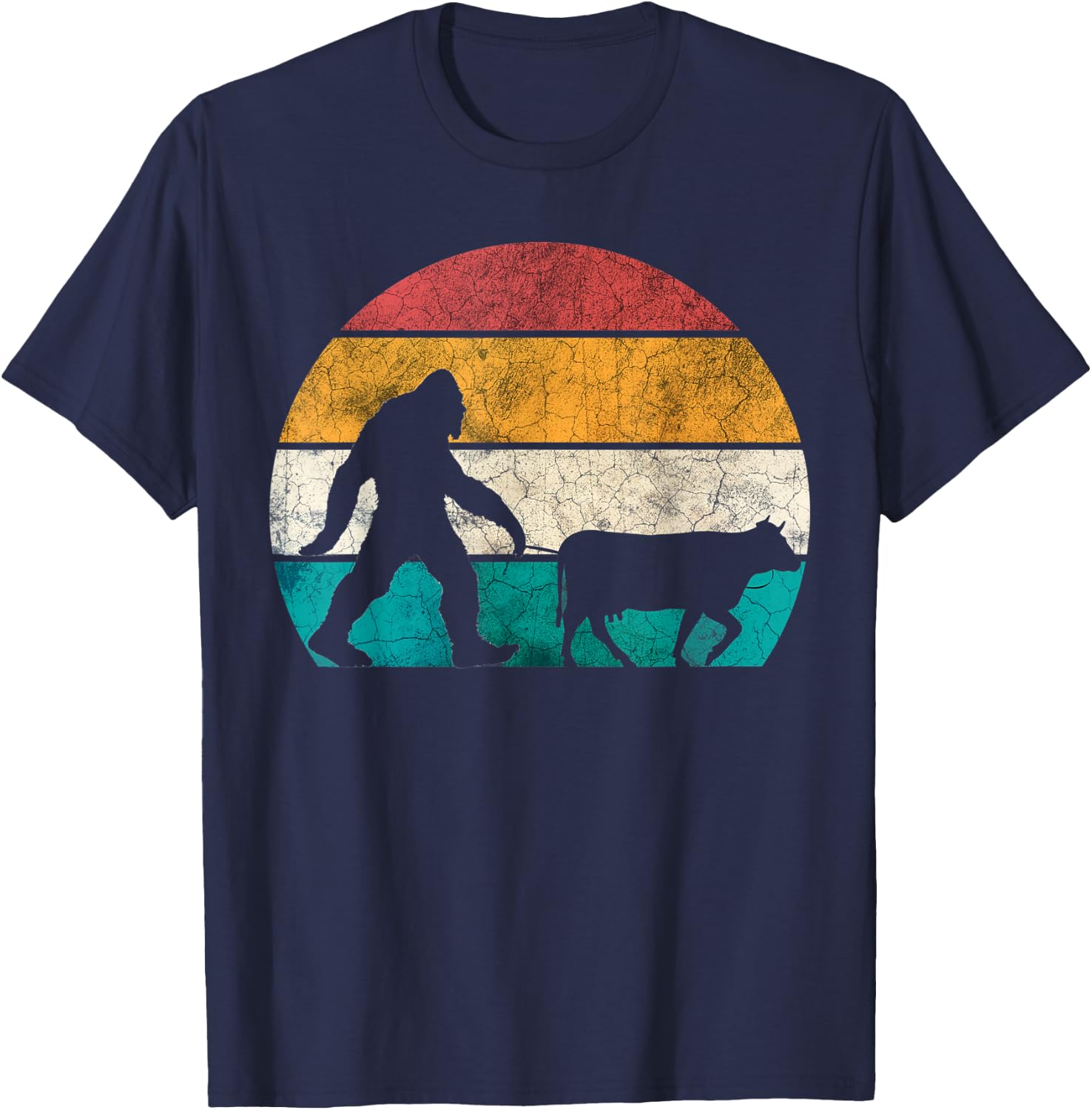 Funny Bigfoot Walking Cow Retro Vintage T-Shirt - T-Shirt | Navy