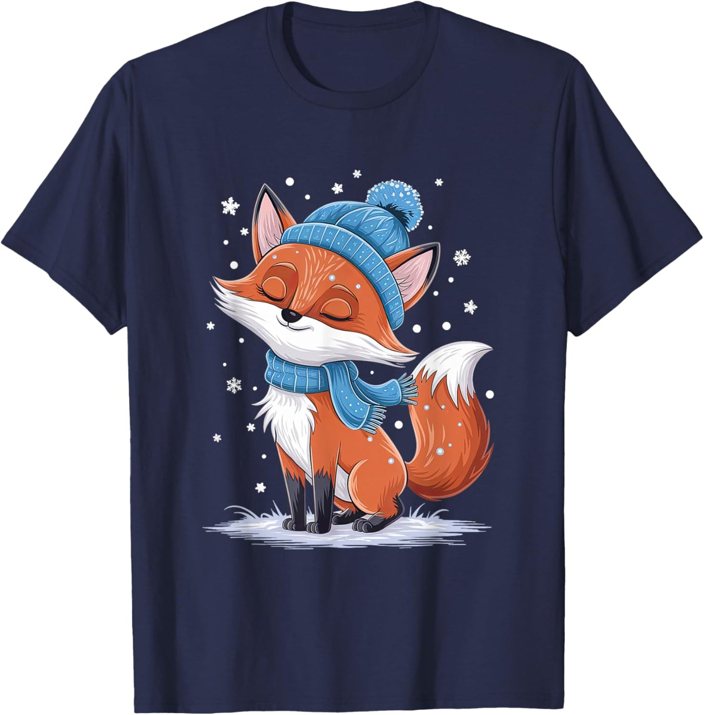 Cozy Winter Fox in Snowy Scarf and Hat T-Shirt - T-Shirt | Navy