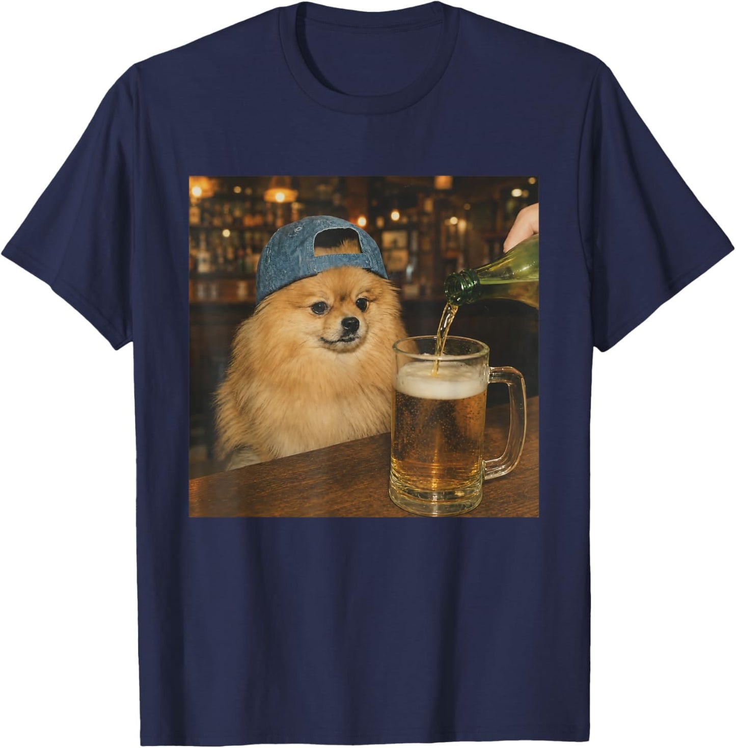 Pomeranian Drinking Beer Shirt Funny Dog Meme Art Vintage T-Shirt - T-Shirt | Navy