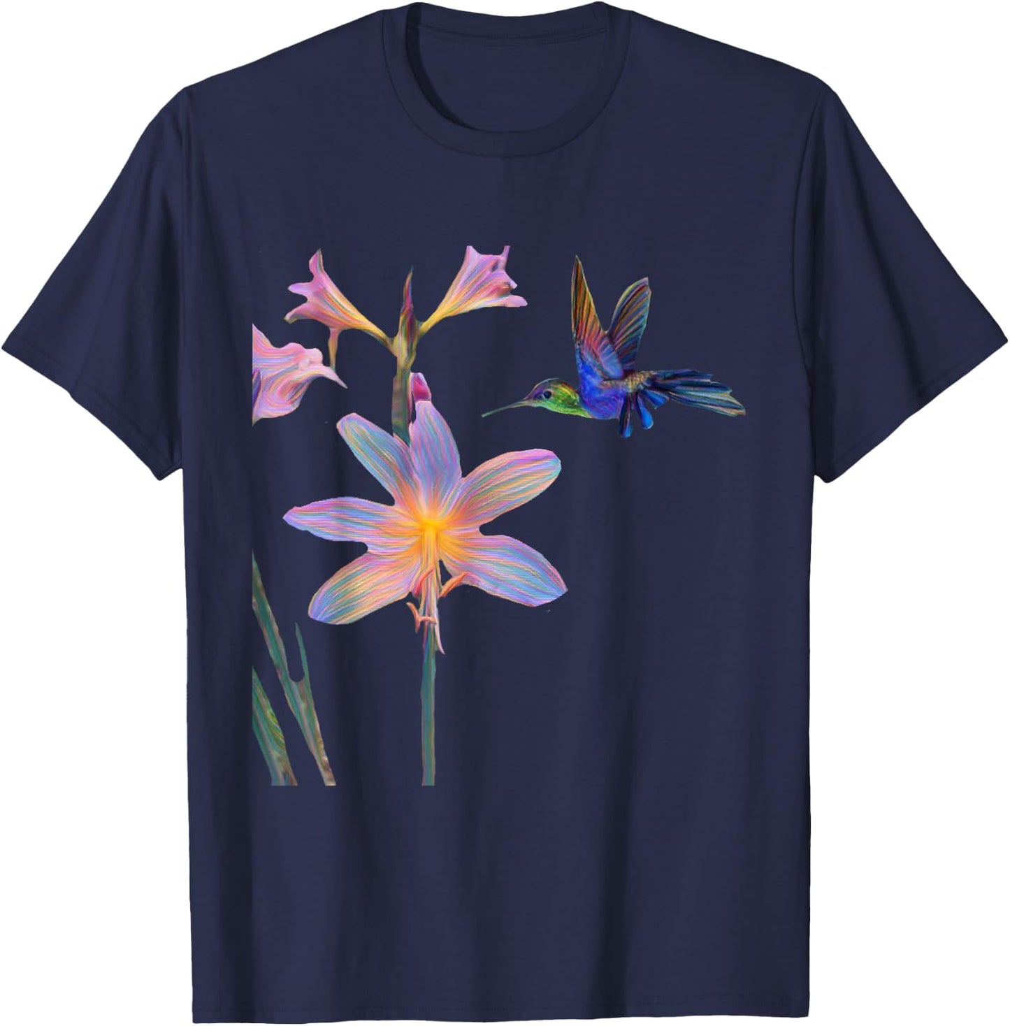Blue Hummingbird with Flower T-Shirt - T-Shirt | Navy