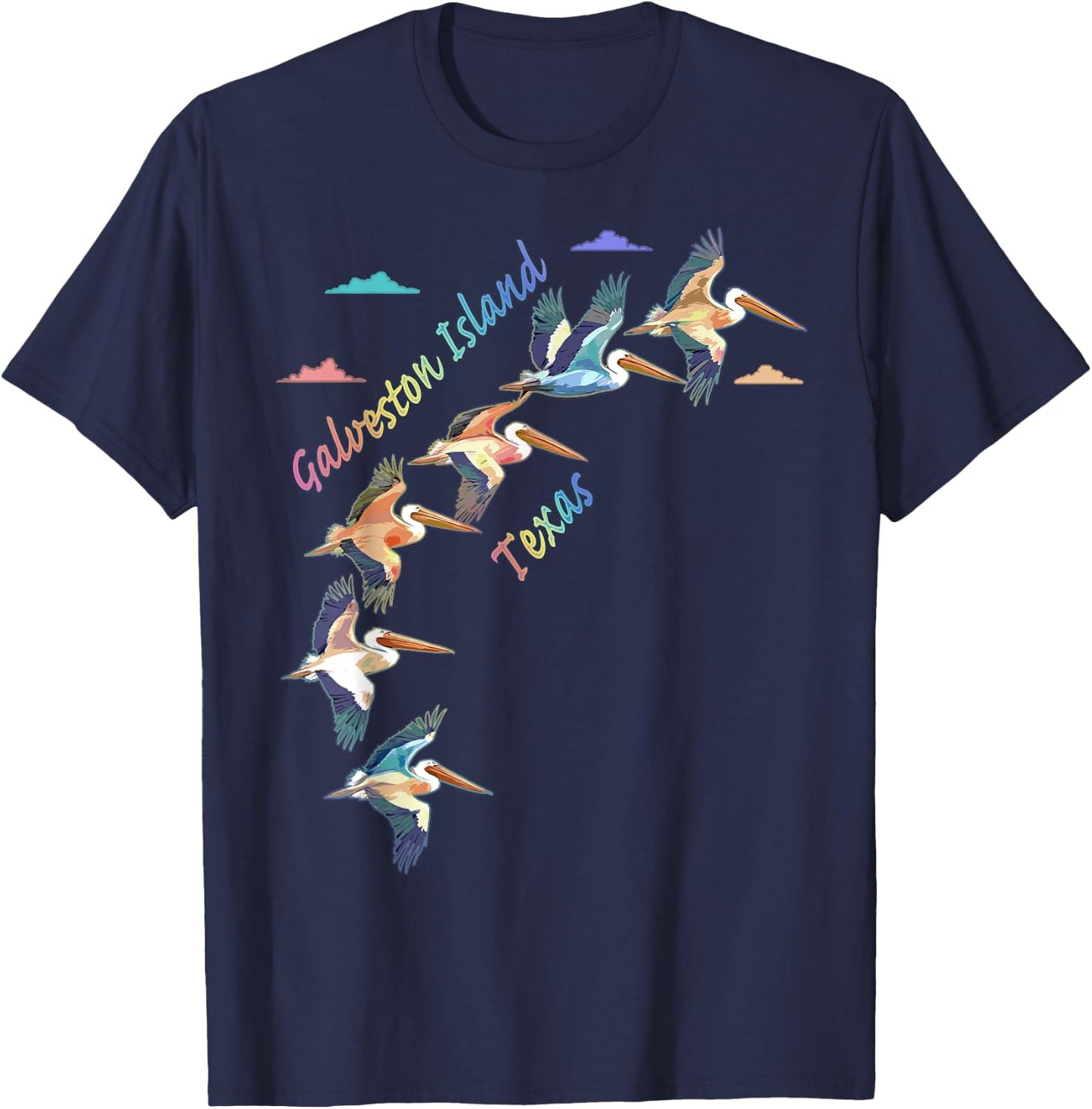 Galveston Island Texas Colorful Tie-Dye Pelican Art T-Shirt - T-Shirt | Navy