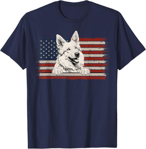 Patriotic White Swiss Shepherd American Flag USA 4th of July T-Shirt - T-Shirt | Navy