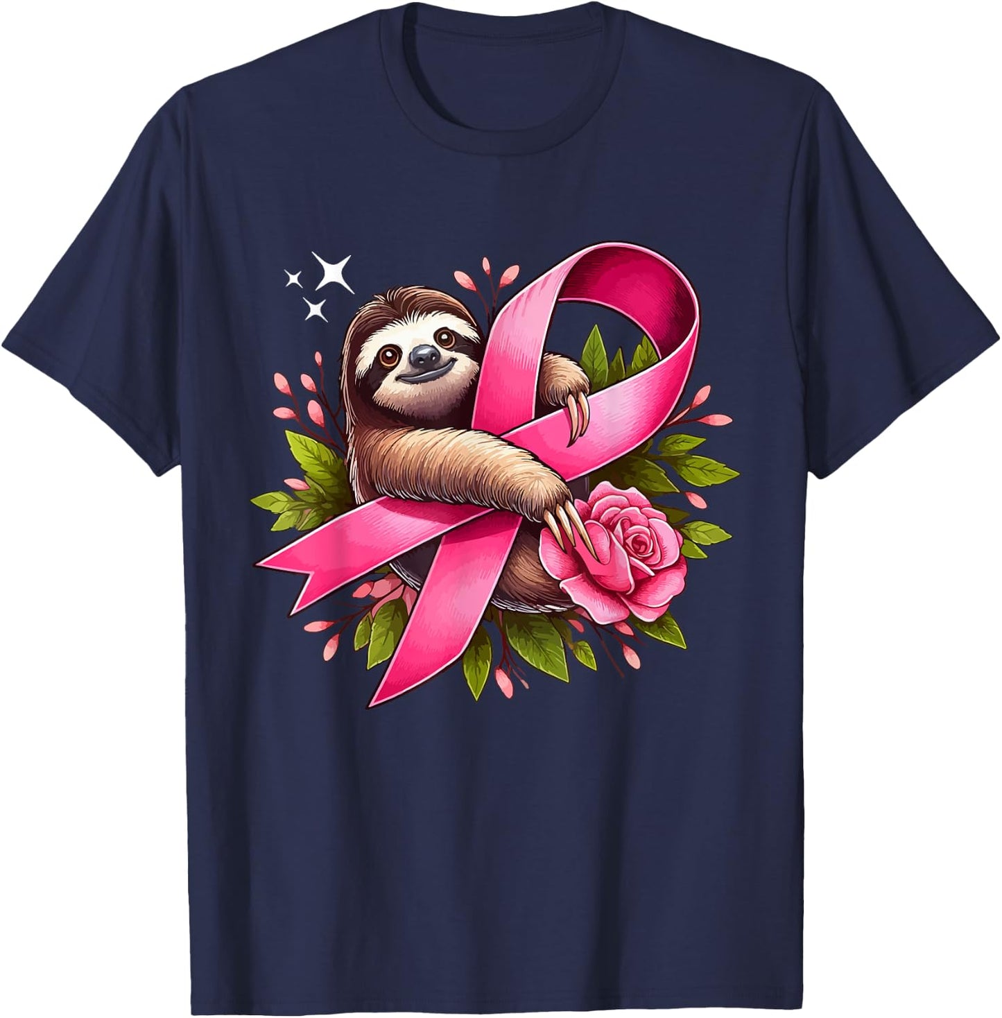 Sloth Holding Breast Cancer Awareness Ribbon Proud Costume T-Shirt - T-Shirt | Navy