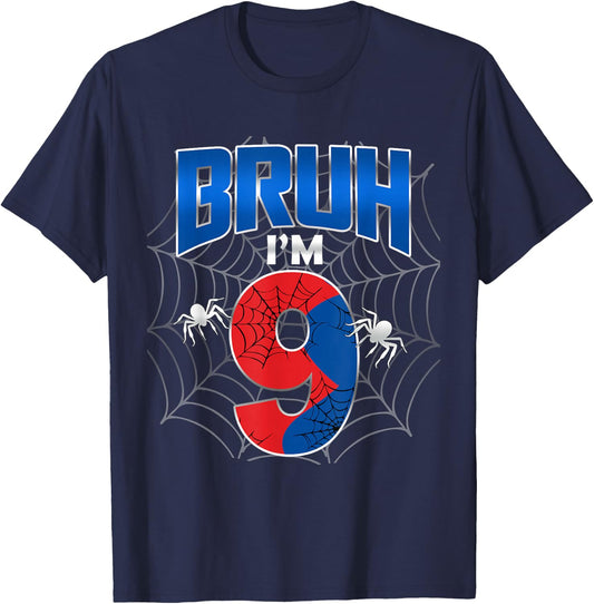Bruh I'm 9 Year Old It's My 9th Birthday Boy Spider Web T-Shirt - T-Shirt | Navy