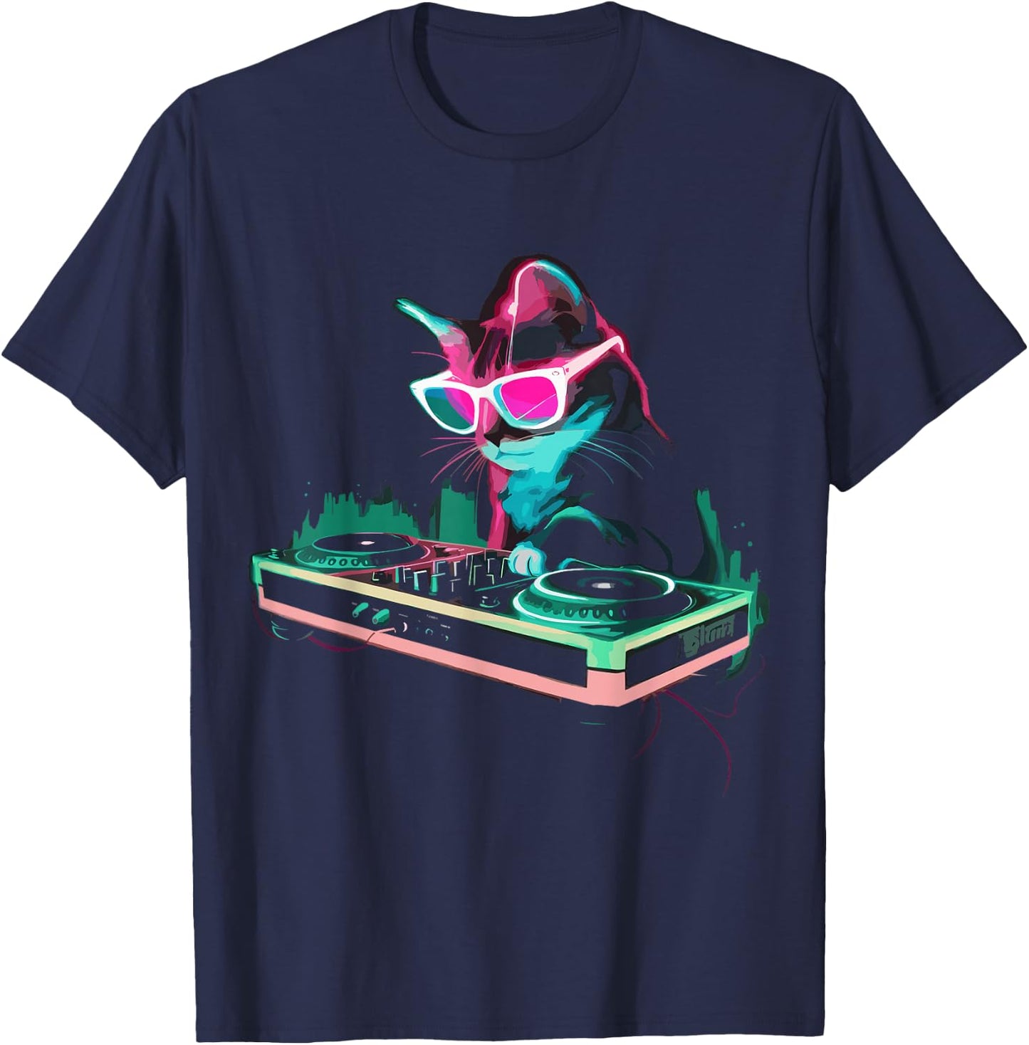 House DJ Cat Rainbow DJ Cat Kitty on Turntable Disco DJ Cat , Small, Black T-Shirt - T-Shirt | Navy