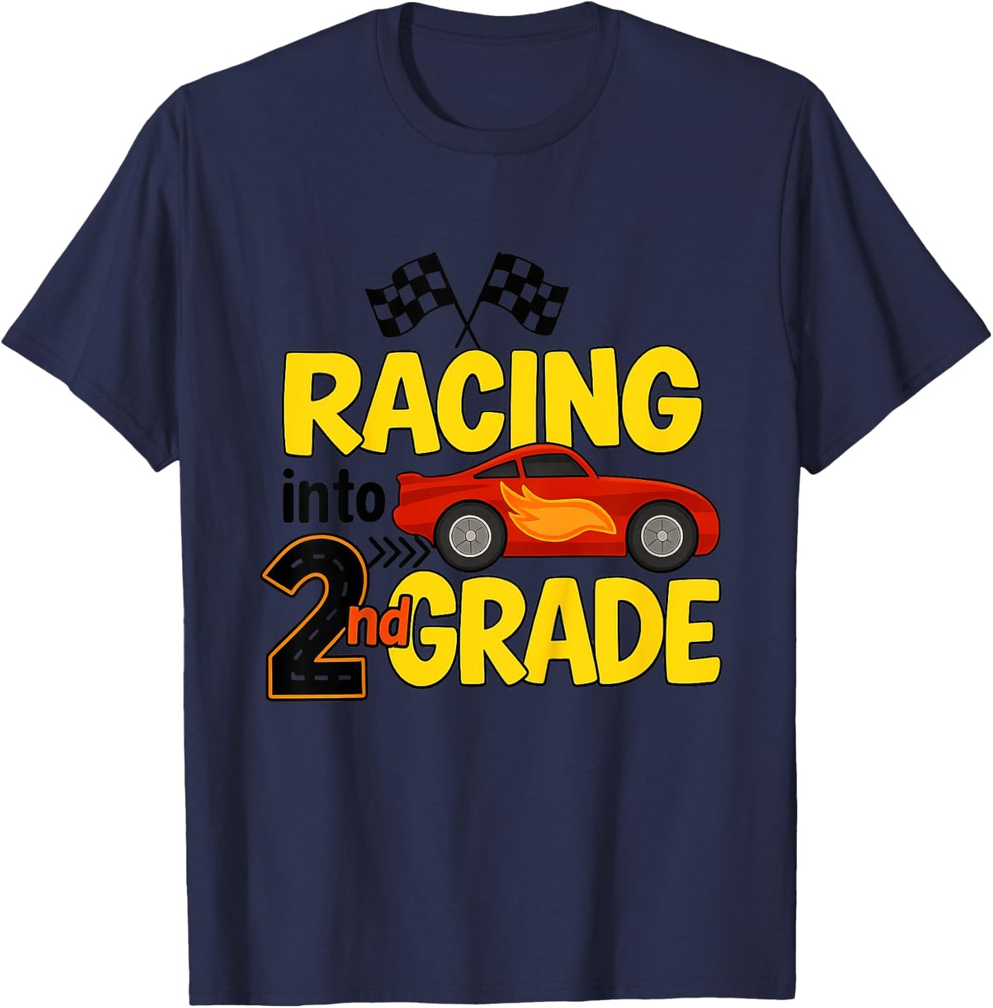 Kids Racing Into 2nd Grade Funny First Day Of School Car T-Shirt - T-Shirt | Navy