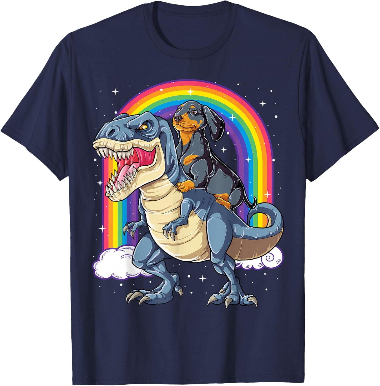 Dachshund Riding Dinosaur T-rex Boys Girls Rainbow Men Women T-Shirt - T-Shirt | Navy