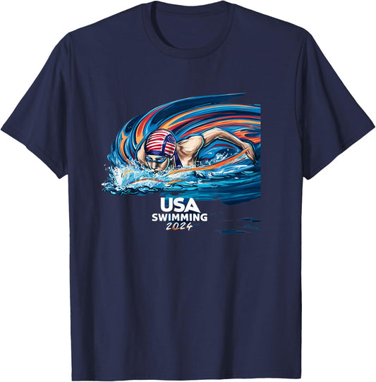 USA Swimming 2024 Riding The Waves Swimming Fans T-Shirt - T-Shirt | Navy