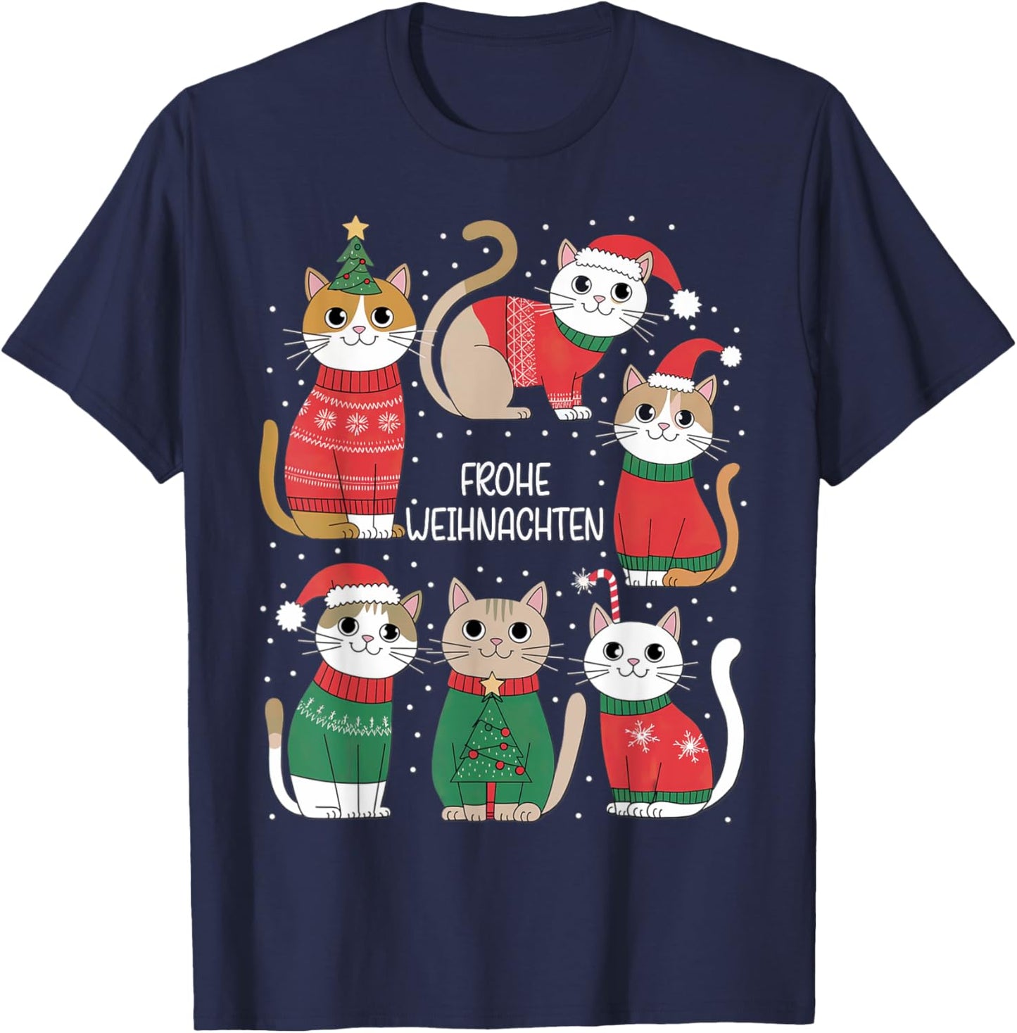 Frohe Weihnachten German Christmas Cats Cute Festive Holiday T-Shirt - T-Shirt | Navy