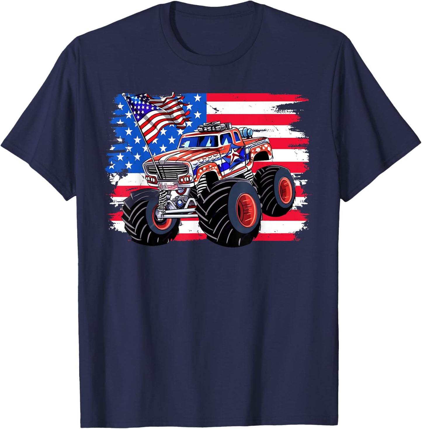 Monster Truck 4th Of July Shirt Boys American Flag Men USA T-Shirt - T-Shirt | Navy