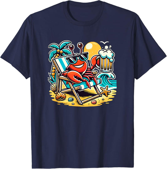 Funny Crab Drinking Beer Beach Men Women T-Shirt - T-Shirt | Navy
