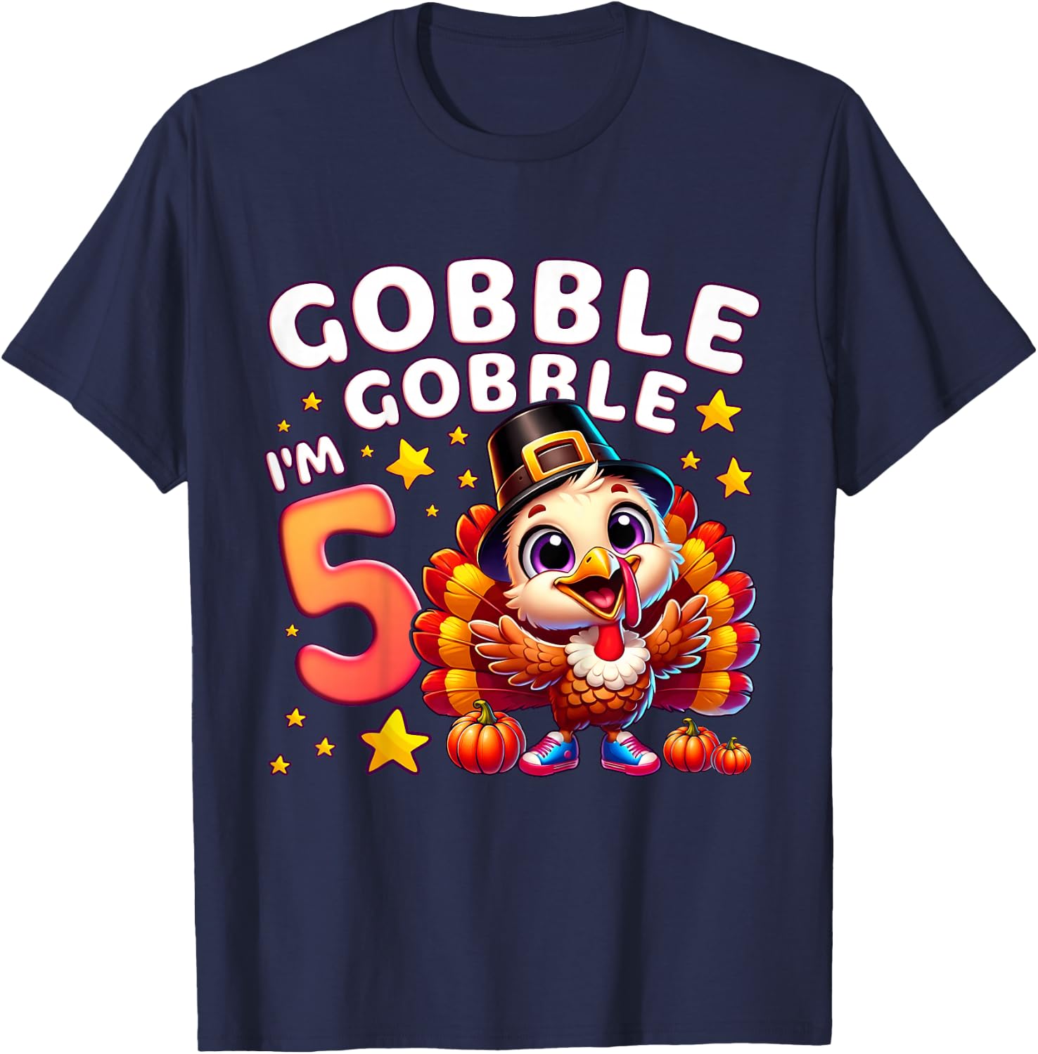 Kids 5th Birthday Girl Thanksgiving Turkey Gobble Gobble I'm 5 T-Shirt - T-Shirt | Navy