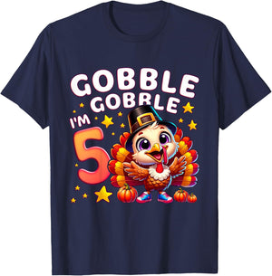 Kids 5th Birthday Girl Thanksgiving Turkey Gobble Gobble I'm 5 T-Shirt - T-Shirt | Navy