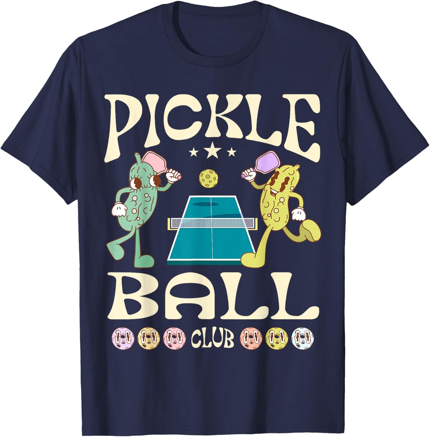 Pickleball Club Funny Pickle Playing Pickleball Groovy T-Shirt - T-Shirt | Navy