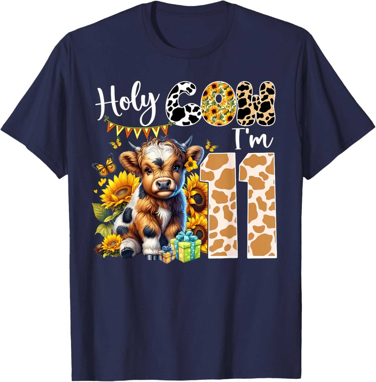 Holy Cow I’m 11 Years Old Dairy Cow Sunflowers 11th Birthday T-Shirt - T-Shirt | Navy