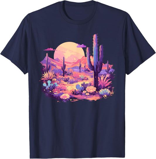 Saguaro Cactus Arizona Desert Cute Moon Pastel Purple Pink T-Shirt - T-Shirt | Navy