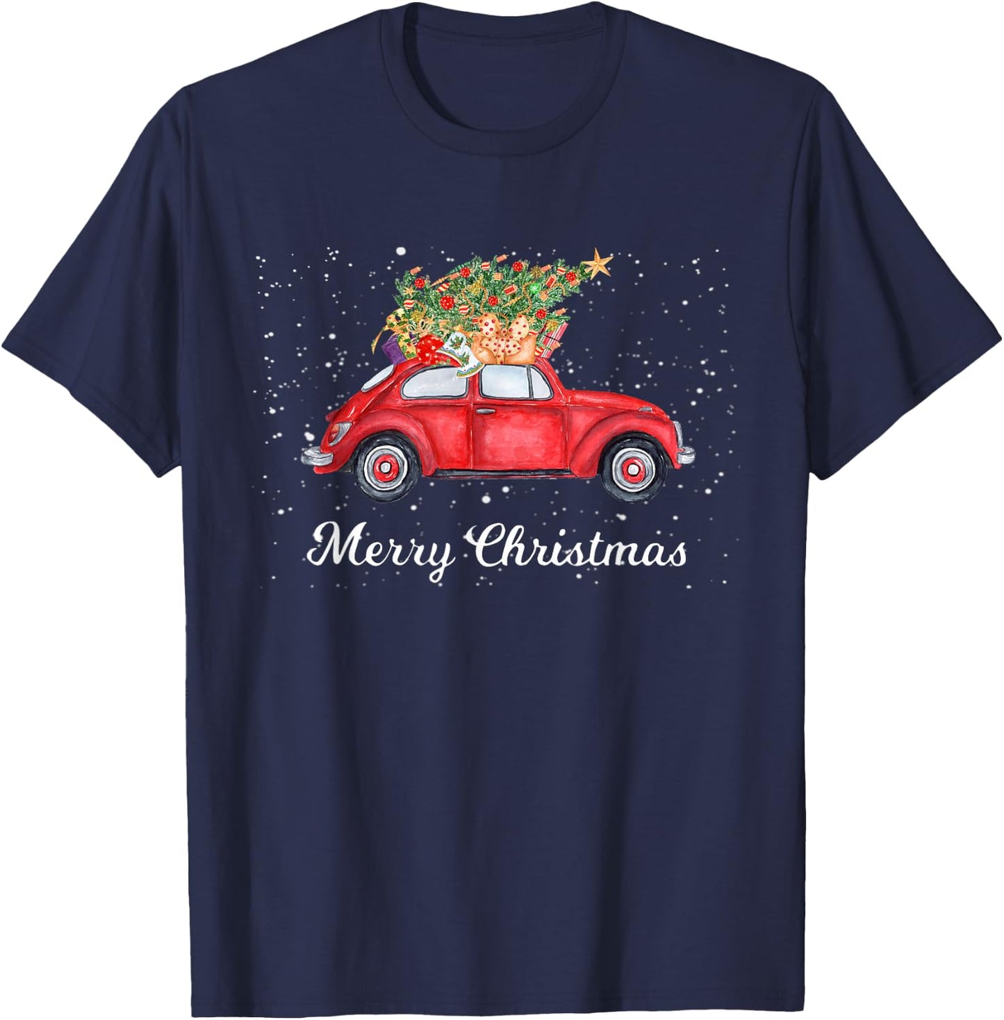 Retro Red Cars Christmas Tree on Car Xmas Vacation T-Shirt - T-Shirt | Navy