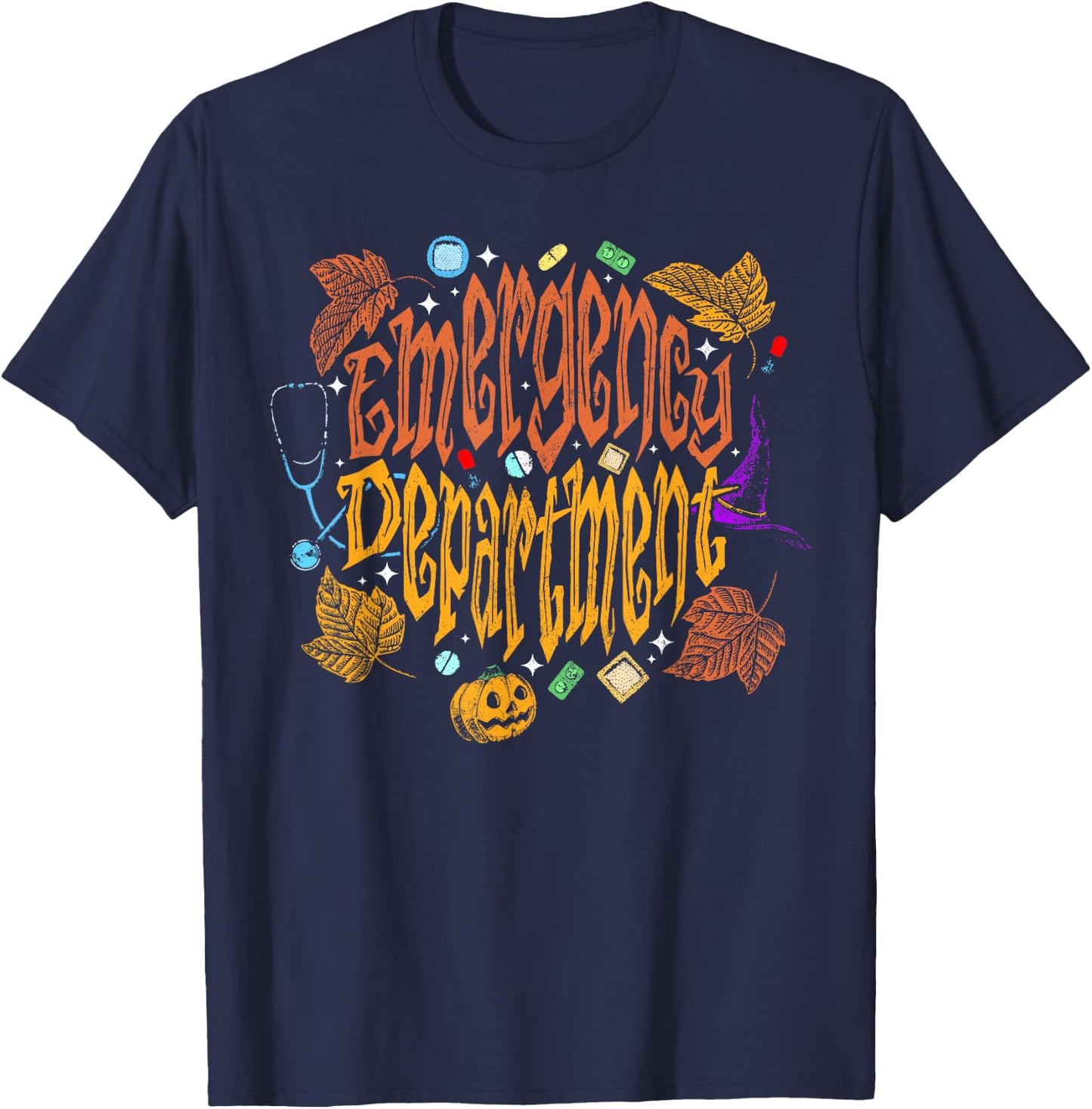 Emergency Department ER Nurse Halloween Fall Autumn Leaves T-Shirt - T-Shirt | Navy