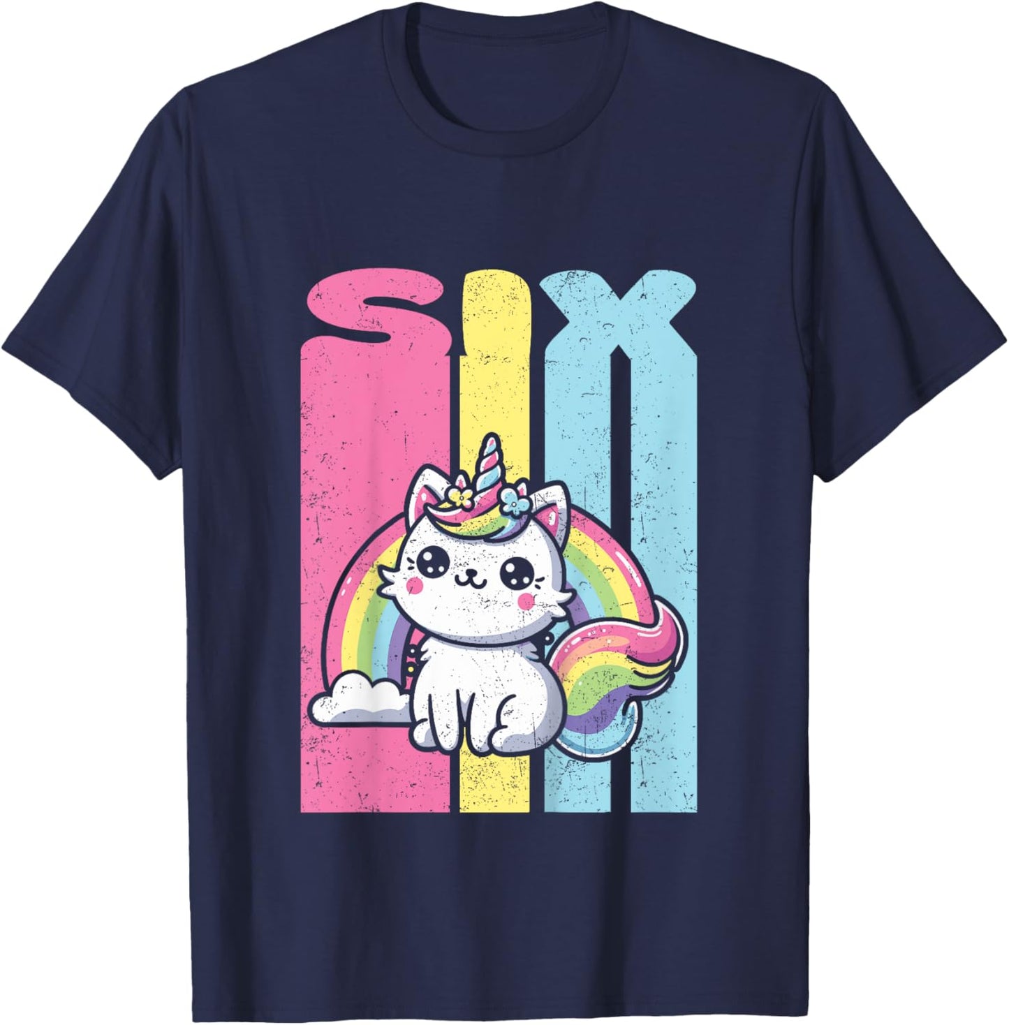 Kids Six 6th Birthday Caticorn Cat Unicorn Rainbow Grunge T-Shirt - T-Shirt | Navy