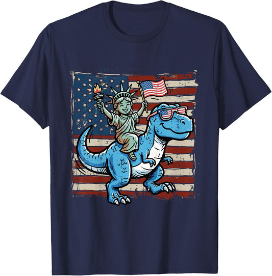 Kids Statue Liberty On Dino US Flag 4th of July Trex Boys Kids T-Shirt - T-Shirt | Navy