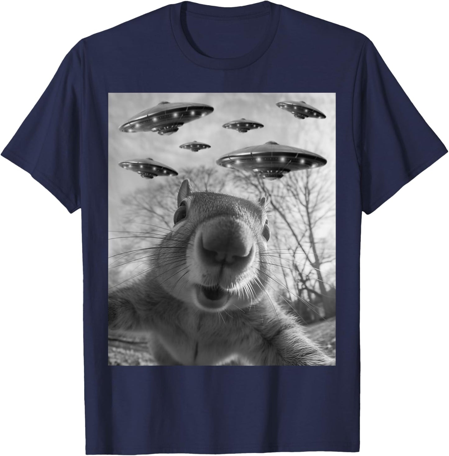 Funny Squirrel Selfie With UFOs Alien Squirrel Selfie T-Shirt - T-Shirt | Navy