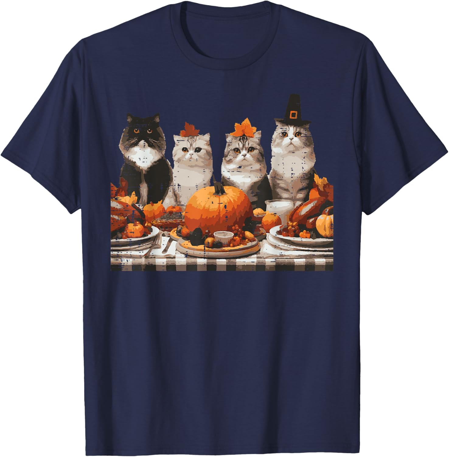 Thanksgiving Cats Dinner Feast Vintage Fall Men Women Kids T-Shirt - T-Shirt | Navy