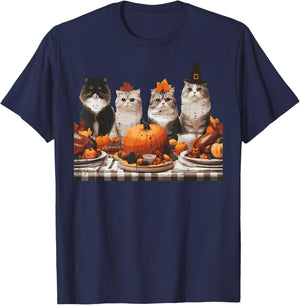 Thanksgiving Cats Dinner Feast Vintage Fall Men Women Kids T-Shirt - T-Shirt | Navy