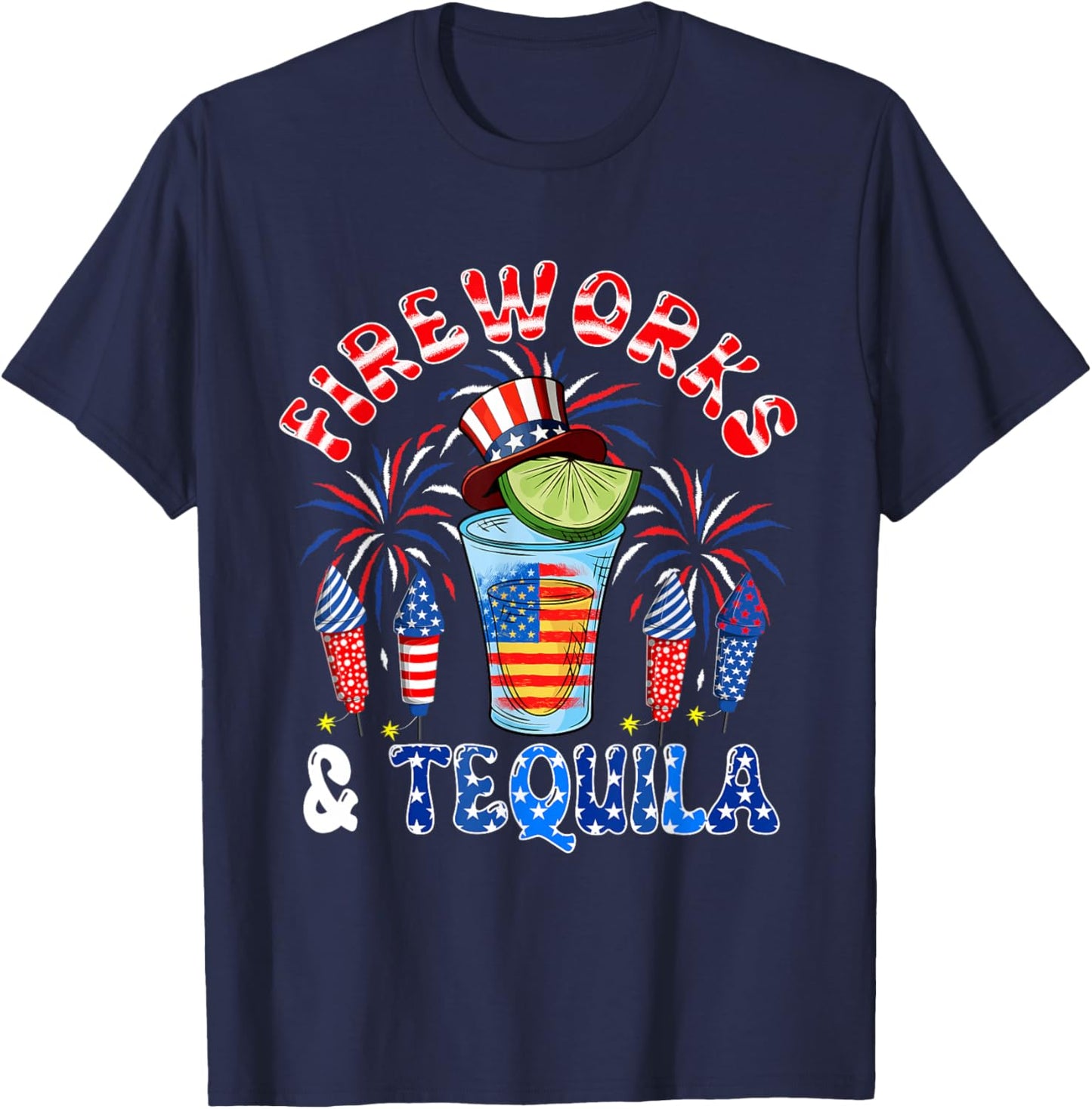 Fireworks And Tequila 4th Of July US Flag Fireworks Dinker T-Shirt - T-Shirt | Navy