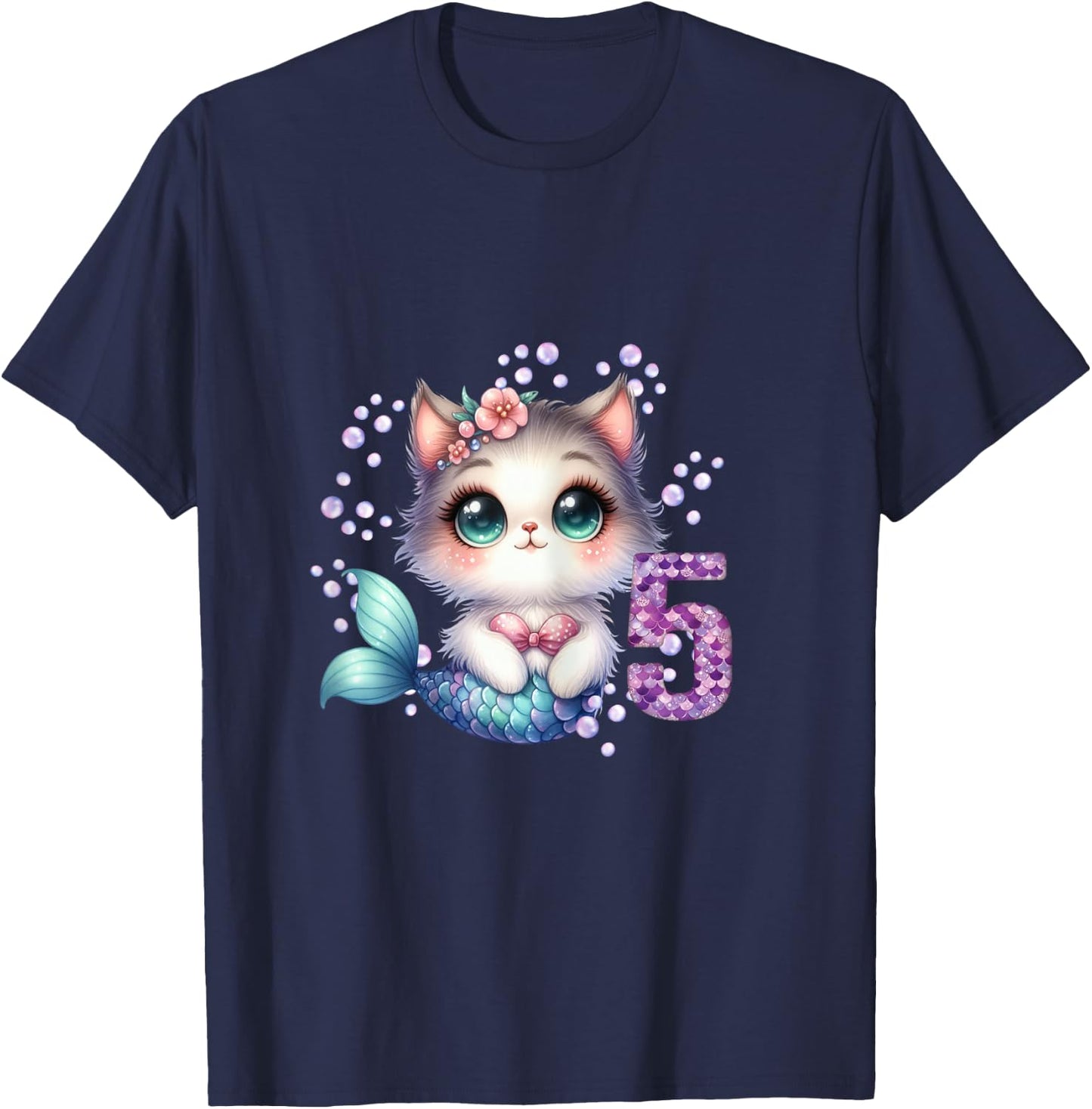 Cat Mermaid 5th Birthday 5 Year Old Party Girls Outfit T-Shirt - T-Shirt | Navy