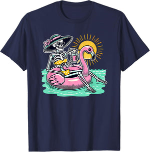 Retro Summer Skeleton Flamingo Float Vacation Beach Drink Men Women T-Shirt - T-Shirt | Navy