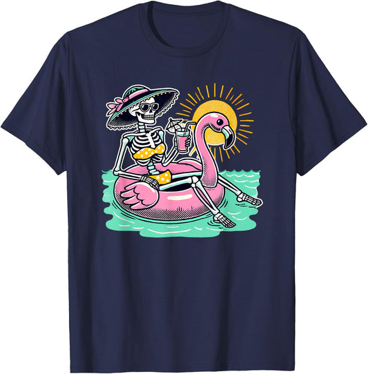 Retro Summer Skeleton Flamingo Float Vacation Beach Drink Men Women T-Shirt - T-Shirt | Navy