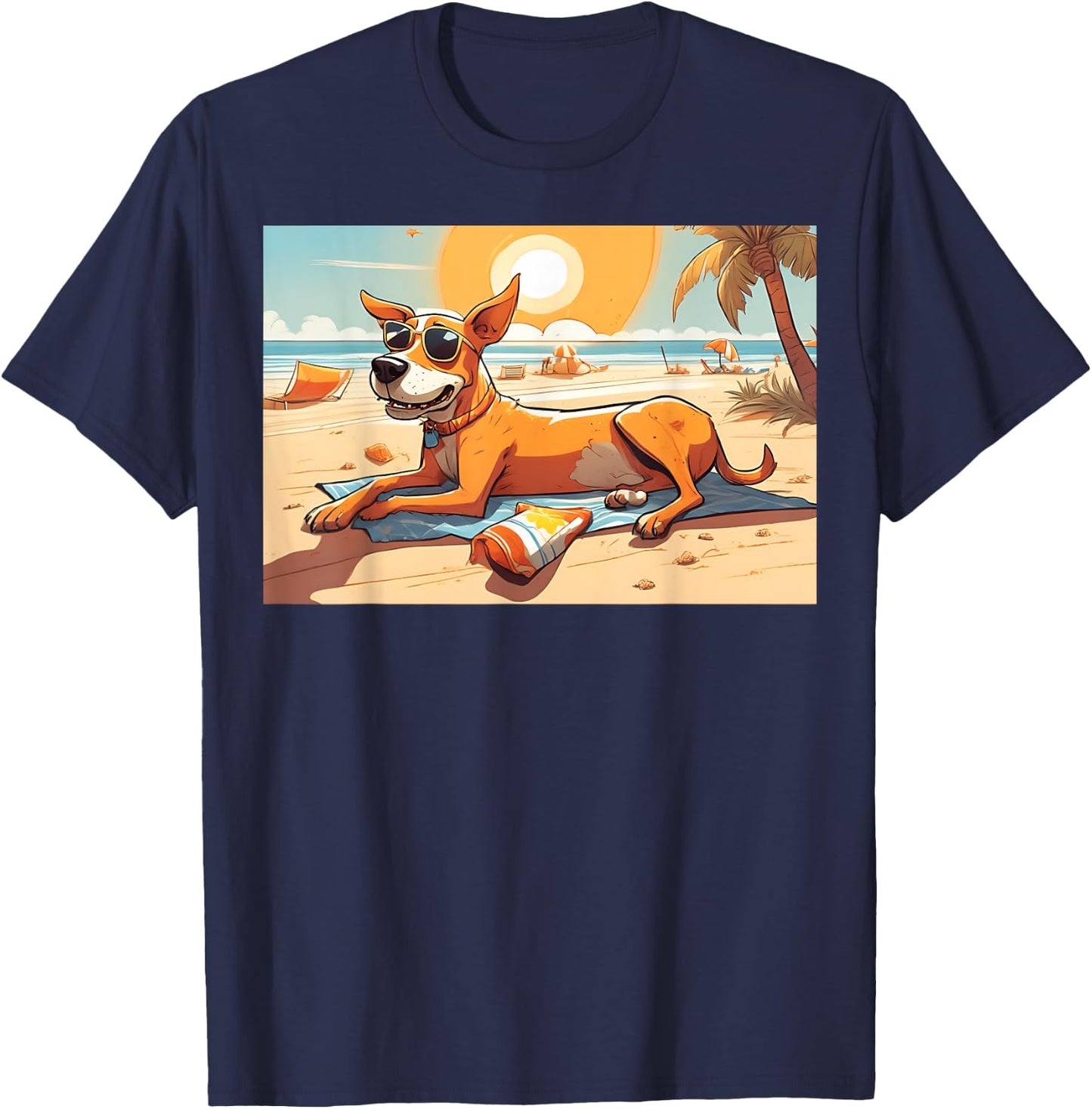 Dog Relaxing On Beach With Sunglasses Towel Snacks Women T-Shirt - T-Shirt | Navy