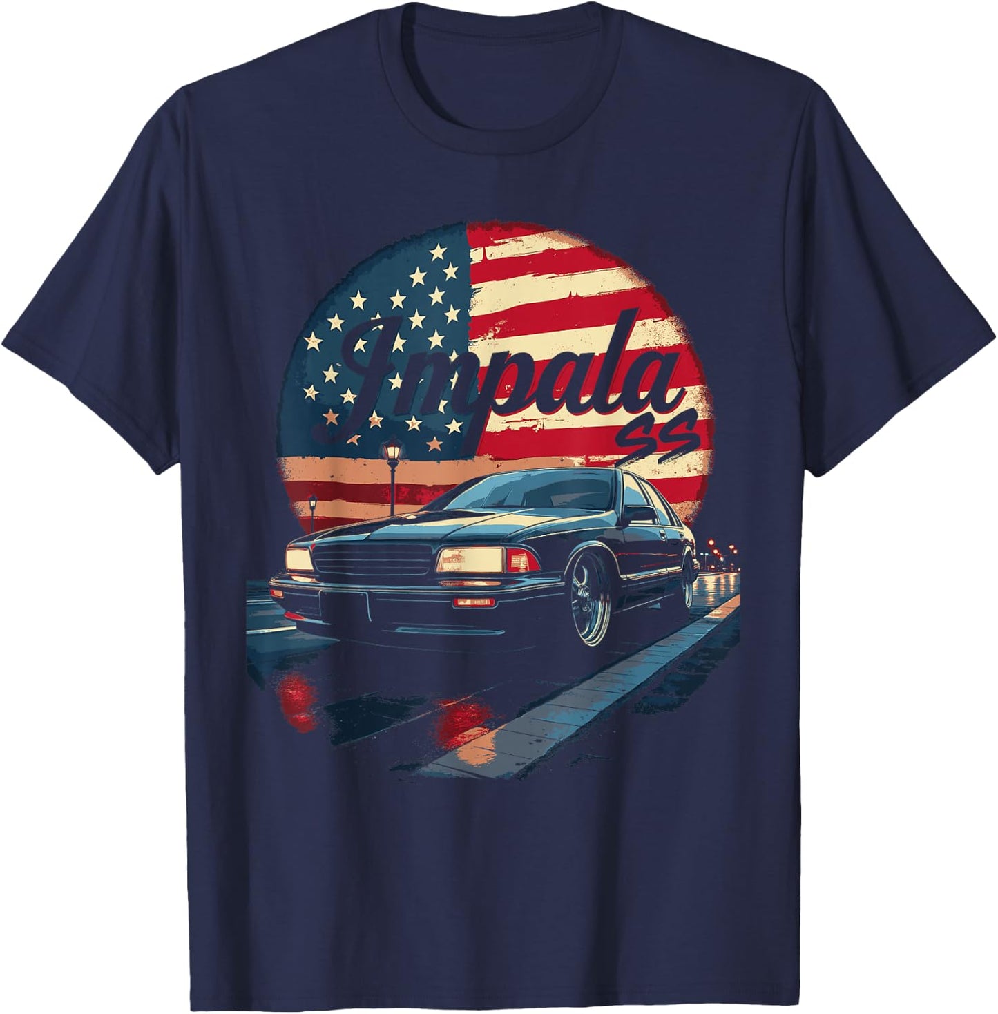 Impala B Body American Flag Impala SS Car 94-96 Coupe T-Shirt - T-Shirt | Navy