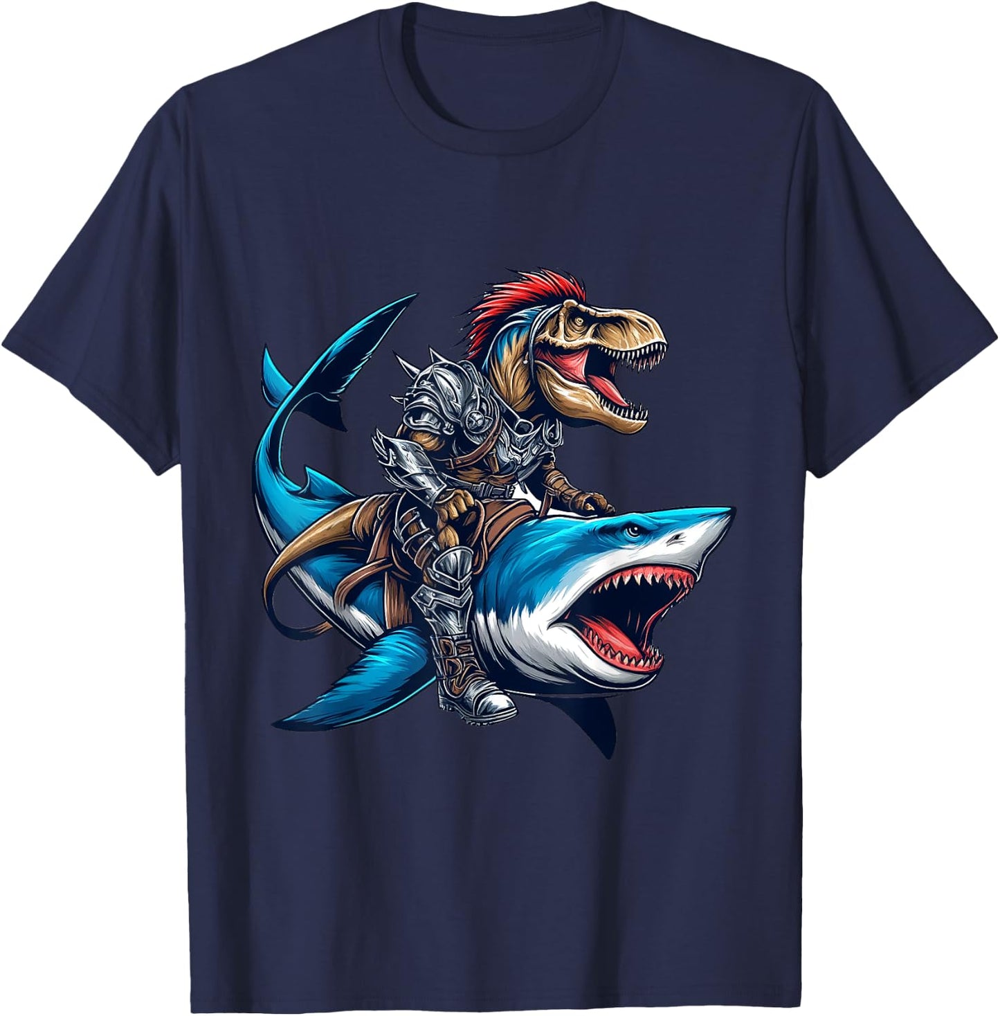 T-Rex Riding Great White Shark into Battle Awesome Kid T-Shirt - T-Shirt | Navy