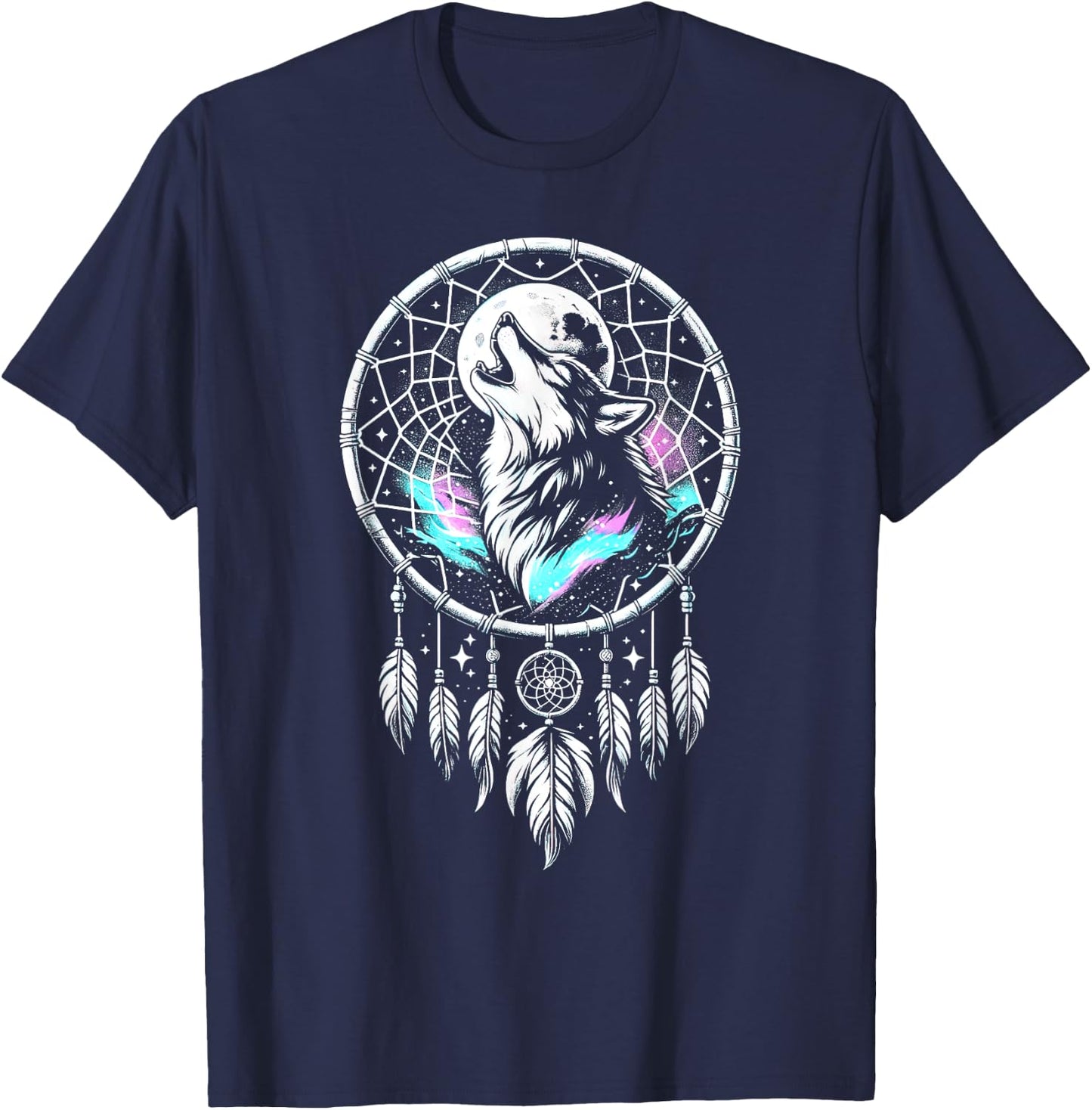 Boho Dream Catcher Wolf Howling At The Moon Dog Wolves Lover Women Kids T-Shirt - T-Shirt | Navy