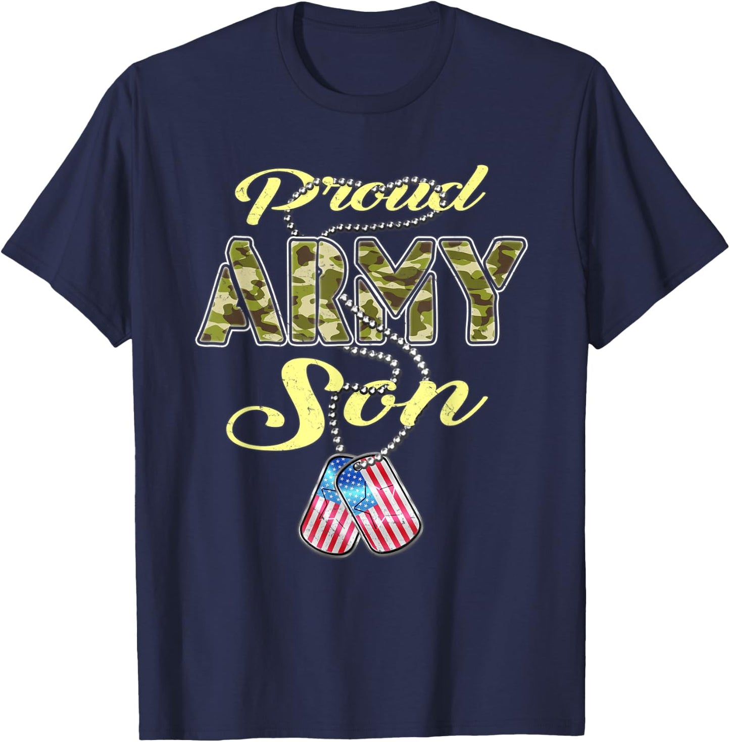 Proud Army Son US Flag Camo Dog Tags Pride Military Child T-Shirt - T-Shirt | Navy